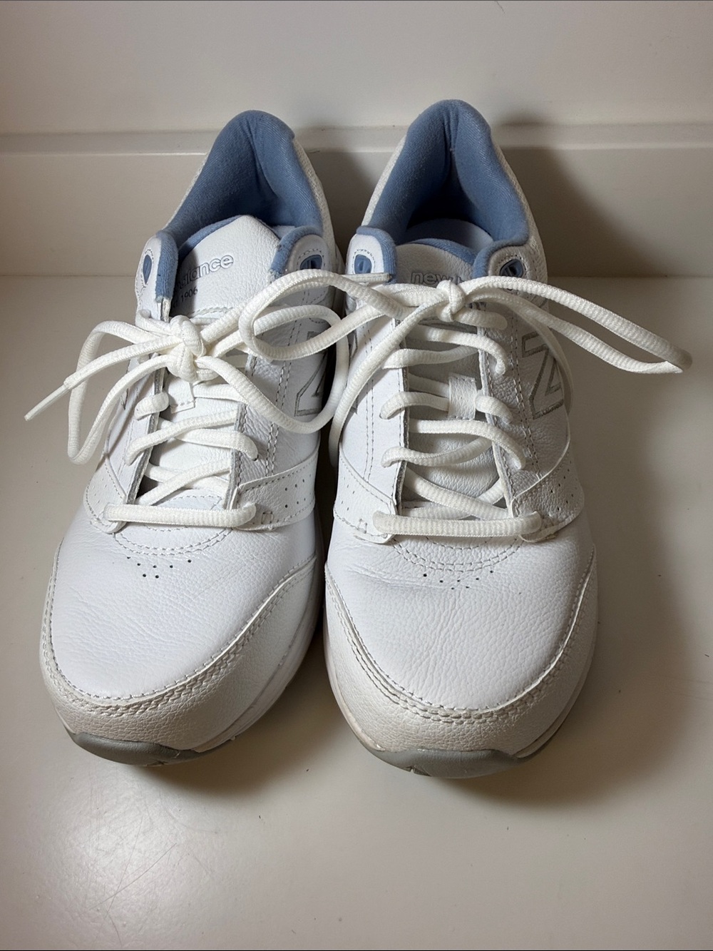 New Balance Unisex White Leather Sneakers with Blue Lining - Women’s Size 9